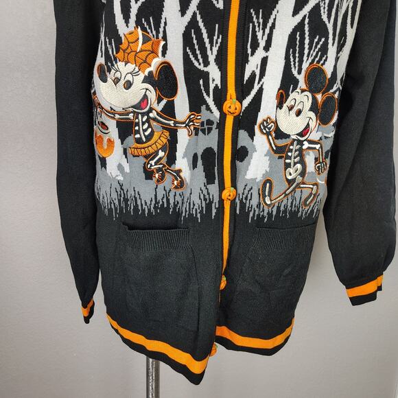 Disney Mickey & Friends Halloween Cardigan Sweater Pumpkin Button Black/Orange M - Picture 11 of 14